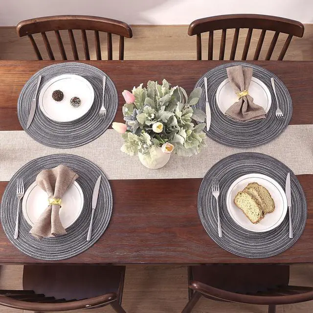Alt view image 7 of 7 - Round Placemats Set of 4 Round Braided Placemats 15 inch Cotton Polyester Woven Table Placemats for Dining Table Holiday Party (Black Gray, 4)