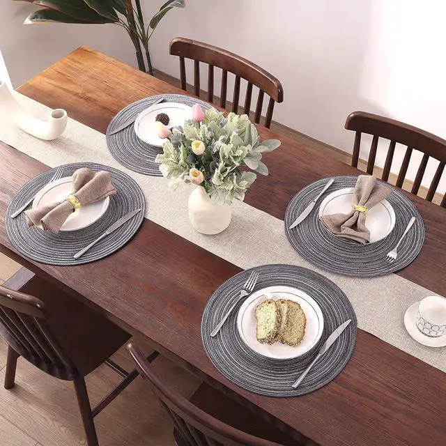 Alt view image 5 of 7 - Round Placemats Set of 4 Round Braided Placemats 15 inch Cotton Polyester Woven Table Placemats for Dining Table Holiday Party (Black Gray, 4)