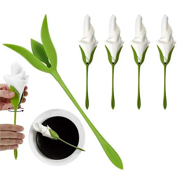Alt view image 2 of 7 - Set of 10 rose napkin holders, origami flower tools, made of ABS, green, suitable for romantic wedding table settings and party decorations