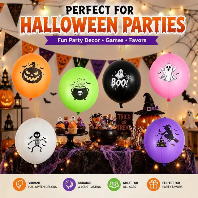 Alt view image 4 of 7 - 24Pcs Halloween Punch Balloons Party Favors - Punching Balloon Toy for Kids | 6-Colors, 18inch, Punch Ball with Rubber Bands, Heavy Duty, Halloween Trick or Treat Toys Games, Goodie Bag Stuffers