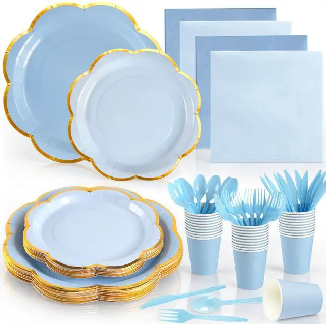 Main image of 168Pcs Blue Paper Plates and Napkins Party Supplies for 24 Guests | Scalloped Party Plates Set, Light Blue Disposable Plates with Gold Rim for Graduation Birthday Party Baby Shower Picnic