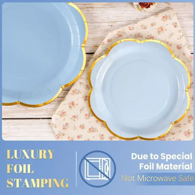 Alt view image 4 of 7 - 168Pcs Blue Paper Plates and Napkins Party Supplies for 24 Guests | Scalloped Party Plates Set, Light Blue Disposable Plates with Gold Rim for Graduation Birthday Party Baby Shower Picnic