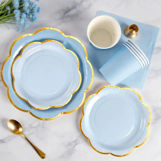 Alt view image 2 of 7 - 168Pcs Blue Paper Plates and Napkins Party Supplies for 24 Guests | Scalloped Party Plates Set, Light Blue Disposable Plates with Gold Rim for Graduation Birthday Party Baby Shower Picnic