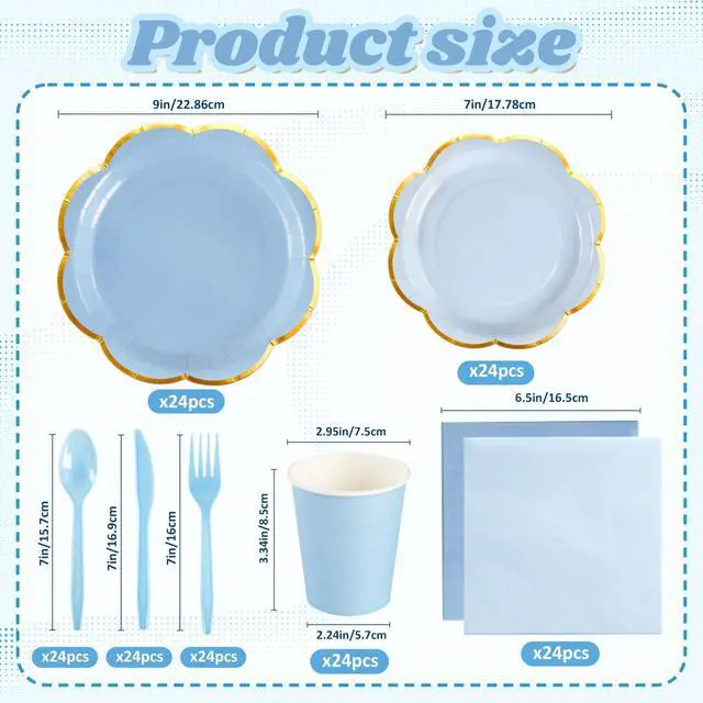 Alt view image 3 of 7 - 168Pcs Blue Paper Plates and Napkins Party Supplies for 24 Guests | Scalloped Party Plates Set, Light Blue Disposable Plates with Gold Rim for Graduation Birthday Party Baby Shower Picnic