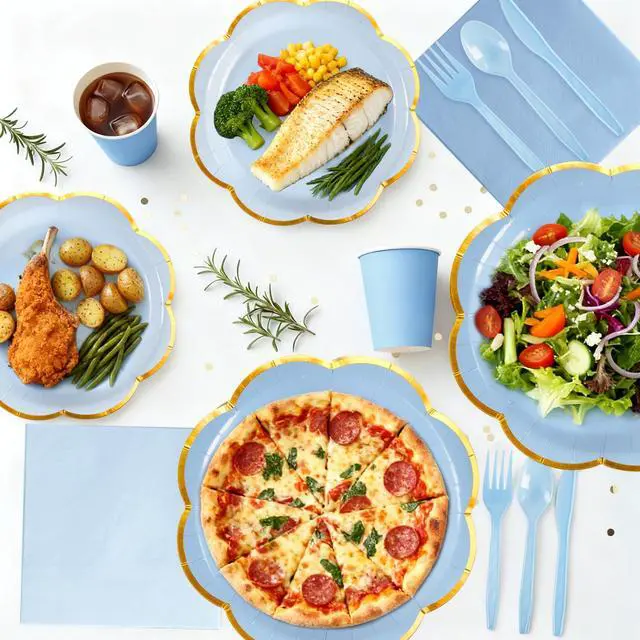 Alt view image 5 of 7 - 168Pcs Blue Paper Plates and Napkins Party Supplies for 24 Guests | Scalloped Party Plates Set, Light Blue Disposable Plates with Gold Rim for Graduation Birthday Party Baby Shower Picnic