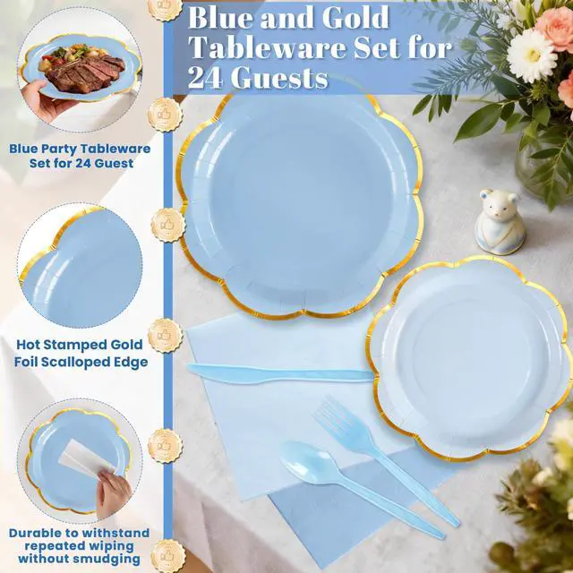 Alt view image 6 of 7 - 168Pcs Blue Paper Plates and Napkins Party Supplies for 24 Guests | Scalloped Party Plates Set, Light Blue Disposable Plates with Gold Rim for Graduation Birthday Party Baby Shower Picnic