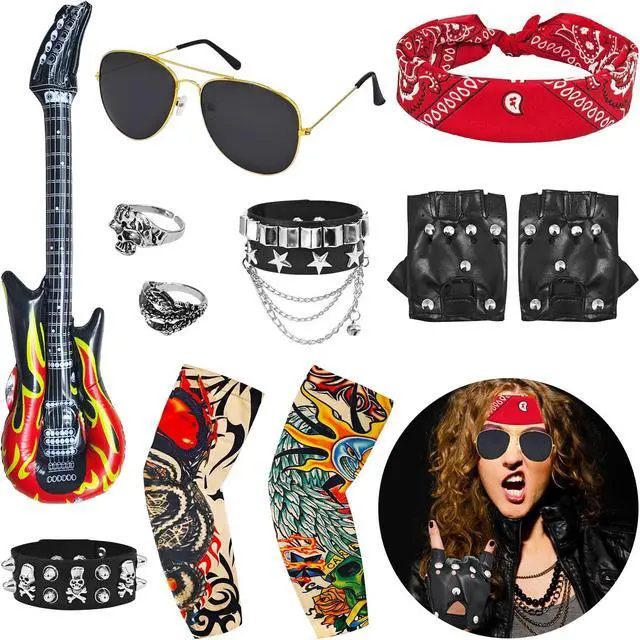 Main image of 11 Pcs Rockstar Costume,Rock 80s Costumes,Rocker Punk Accessories Costume for Men and Women,Punk Rock Party,Role Playing