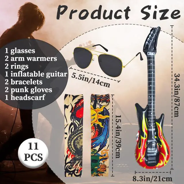 Alt view image 2 of 7 - 11 Pcs Rockstar Costume,Rock 80s Costumes,Rocker Punk Accessories Costume for Men and Women,Punk Rock Party,Role Playing