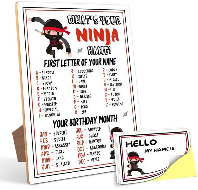 Main image of Ninja Party Decor, What is Your Ninja Name Game,30 Stickers, Perfect for Birthday Party Activities 6×8 Wooden Play Sign with Stand