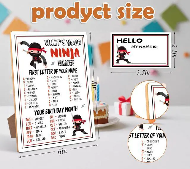 Alt view image 2 of 5 - Ninja Party Decor, What is Your Ninja Name Game,30 Stickers, Perfect for Birthday Party Activities 6×8 Wooden Play Sign with Stand