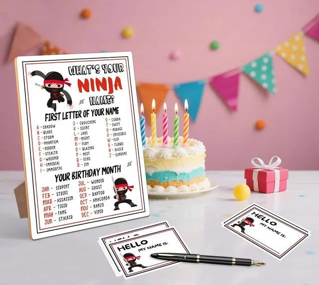 Alt view image 3 of 5 - Ninja Party Decor, What is Your Ninja Name Game,30 Stickers, Perfect for Birthday Party Activities 6×8 Wooden Play Sign with Stand