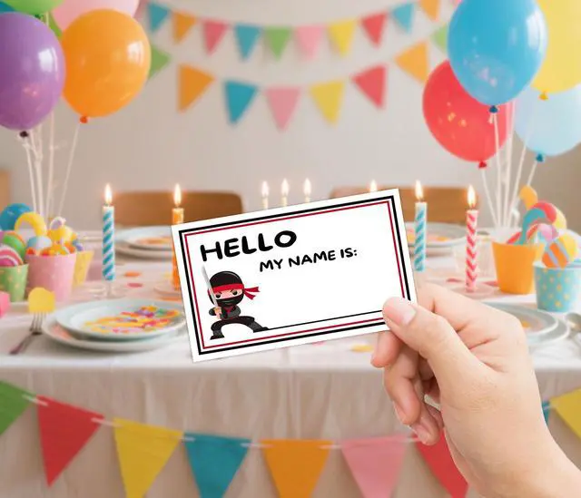Alt view image 4 of 5 - Ninja Party Decor, What is Your Ninja Name Game,30 Stickers, Perfect for Birthday Party Activities 6×8 Wooden Play Sign with Stand