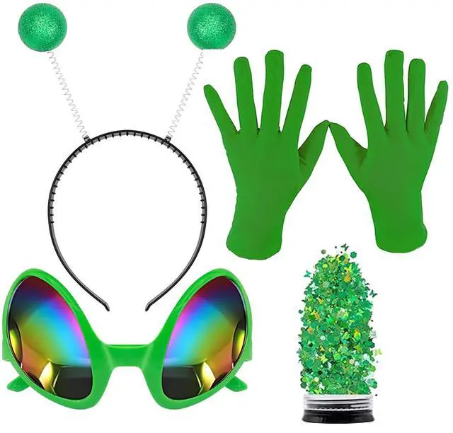 Main image of Alien Headband with Glasses, Holographic Glitter Alien Costume Accessories with Gloves for Women for Party Cosplay