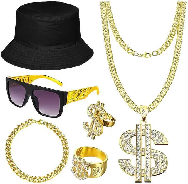 Main image of 80s 90s Hip Hop Costume Kit Rapper Accessories Outfit Old School Rapper DJ Halloween Themed Party Outfits for Men Women