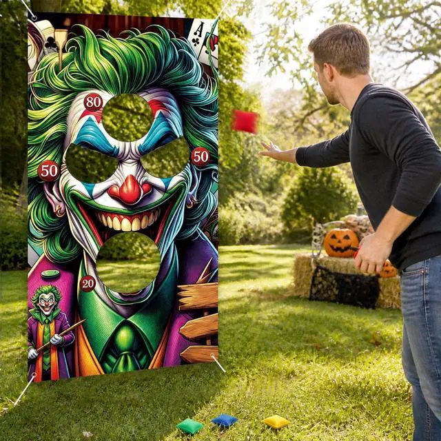 Main image of 6Pcs Halloween Clown Bean Bag Toss Game Set | Includes Hanging Banner, 4 Throwing Bags and Rope for Indoor Outdoor Carnival Party Activities
