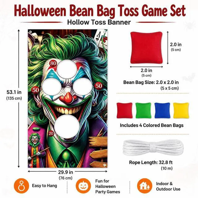 Alt view image 2 of 7 - 6Pcs Halloween Clown Bean Bag Toss Game Set | Includes Hanging Banner, 4 Throwing Bags and Rope for Indoor Outdoor Carnival Party Activities