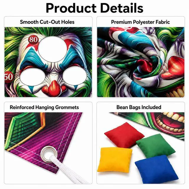 Alt view image 3 of 7 - 6Pcs Halloween Clown Bean Bag Toss Game Set | Includes Hanging Banner, 4 Throwing Bags and Rope for Indoor Outdoor Carnival Party Activities