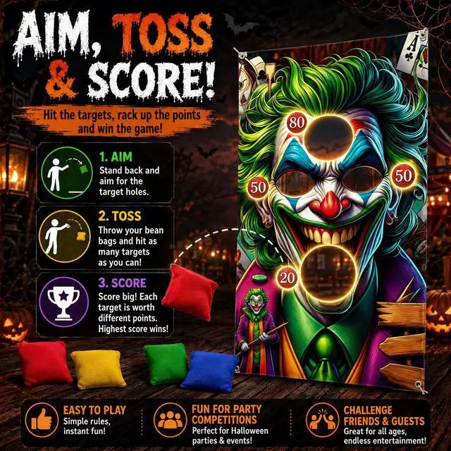 Alt view image 4 of 7 - 6Pcs Halloween Clown Bean Bag Toss Game Set | Includes Hanging Banner, 4 Throwing Bags and Rope for Indoor Outdoor Carnival Party Activities