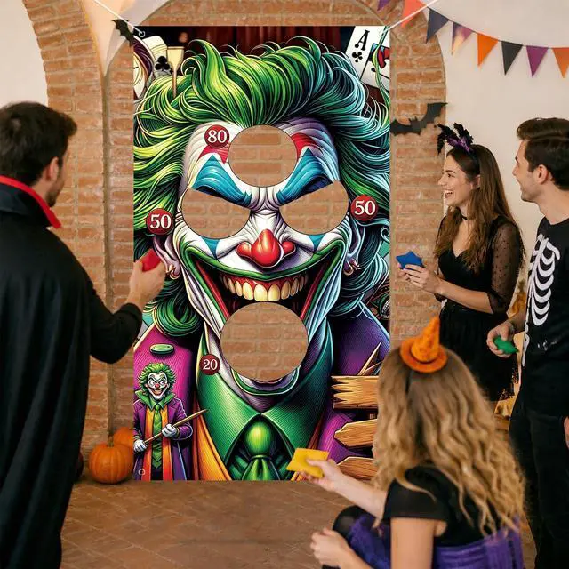 Alt view image 7 of 7 - 6Pcs Halloween Clown Bean Bag Toss Game Set | Includes Hanging Banner, 4 Throwing Bags and Rope for Indoor Outdoor Carnival Party Activities