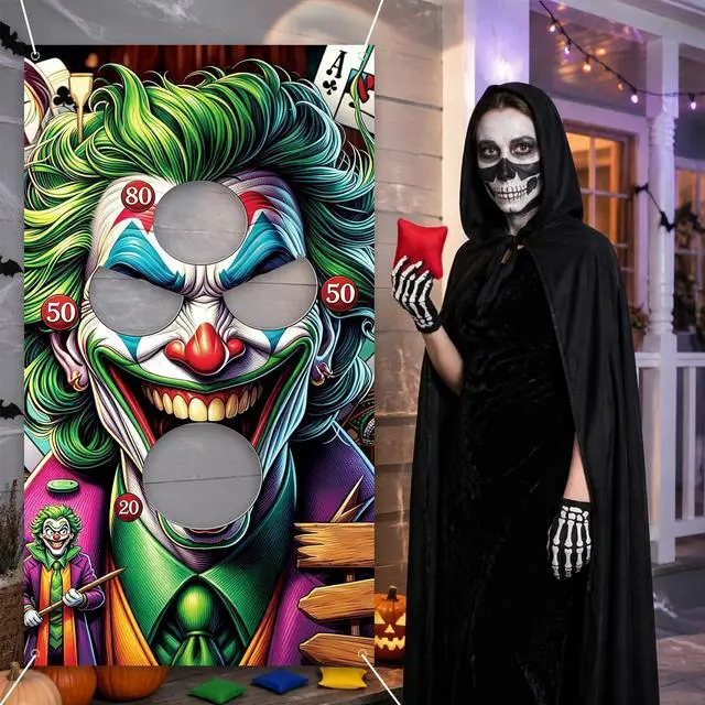 Alt view image 6 of 7 - 6Pcs Halloween Clown Bean Bag Toss Game Set | Includes Hanging Banner, 4 Throwing Bags and Rope for Indoor Outdoor Carnival Party Activities