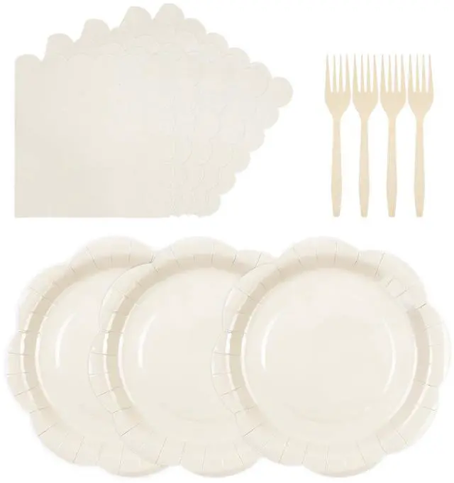 Main image of 75 Pcs Ivory Scalloped Plates Napkins and Forks Set, 7 Inch, Serves 25 | Cream Disposable Tableware Set for Wedding, Bridal Shower, Baby Shower, Birthday, Tea Party and Elegant Events