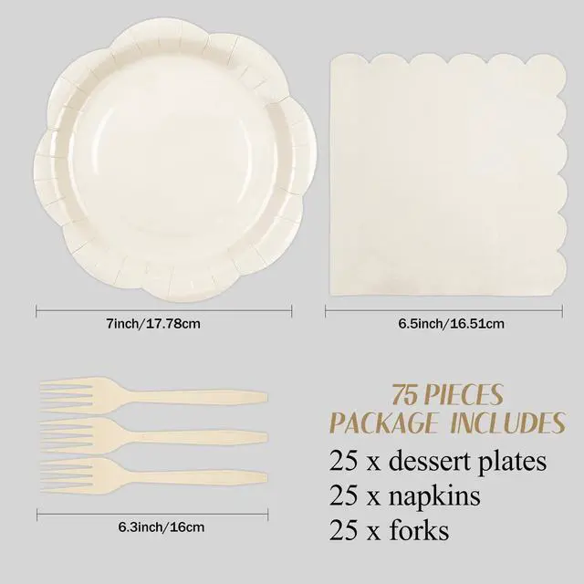Alt view image 2 of 7 - 75 Pcs Ivory Scalloped Plates Napkins and Forks Set, 7 Inch, Serves 25 | Cream Disposable Tableware Set for Wedding, Bridal Shower, Baby Shower, Birthday, Tea Party and Elegant Events