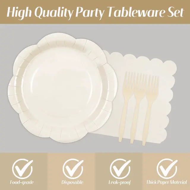 Alt view image 3 of 7 - 75 Pcs Ivory Scalloped Plates Napkins and Forks Set, 7 Inch, Serves 25 | Cream Disposable Tableware Set for Wedding, Bridal Shower, Baby Shower, Birthday, Tea Party and Elegant Events