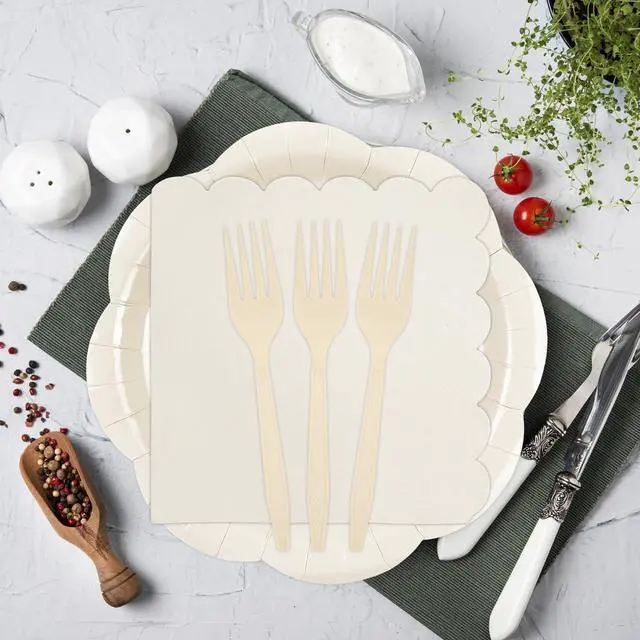Alt view image 5 of 7 - 75 Pcs Ivory Scalloped Plates Napkins and Forks Set, 7 Inch, Serves 25 | Cream Disposable Tableware Set for Wedding, Bridal Shower, Baby Shower, Birthday, Tea Party and Elegant Events