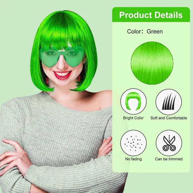 Alt view image 3 of 7 - Green Bob Wig and Sunglass Set, Neon Funny Short Bob Wig Sunglass Pack Colorful Hairpieces Fancy Dress Cosplay Costume Accessories for Women Bachelorette Party Favors, Halloween Decorations