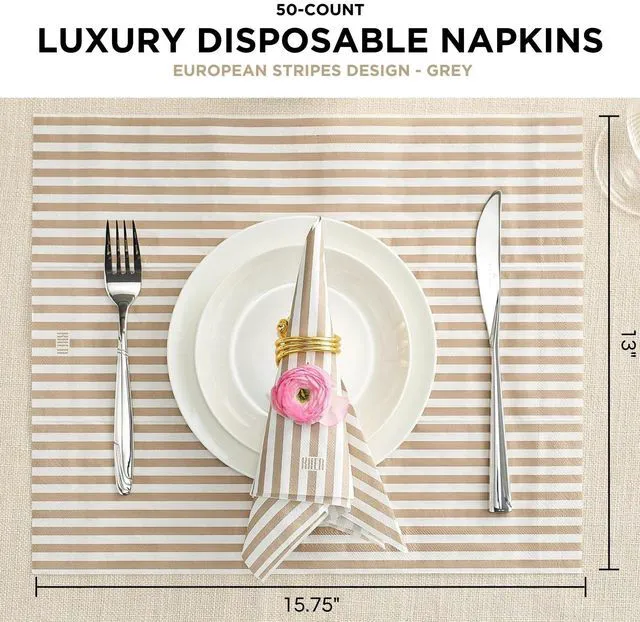 Alt view image 3 of 7 - Striped Disposable Napkins & Placemats 3-Ply Paper Tableware for Parties, BBQs, Picnics, Birthdays & Holiday Gatherings Elegant & Absorbent Dinner Napkins with Matching Placemats - Silver Gray, 50