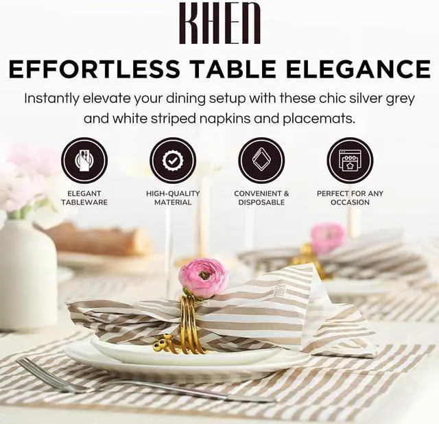 Alt view image 4 of 7 - Striped Disposable Napkins & Placemats 3-Ply Paper Tableware for Parties, BBQs, Picnics, Birthdays & Holiday Gatherings Elegant & Absorbent Dinner Napkins with Matching Placemats - Silver Gray, 50
