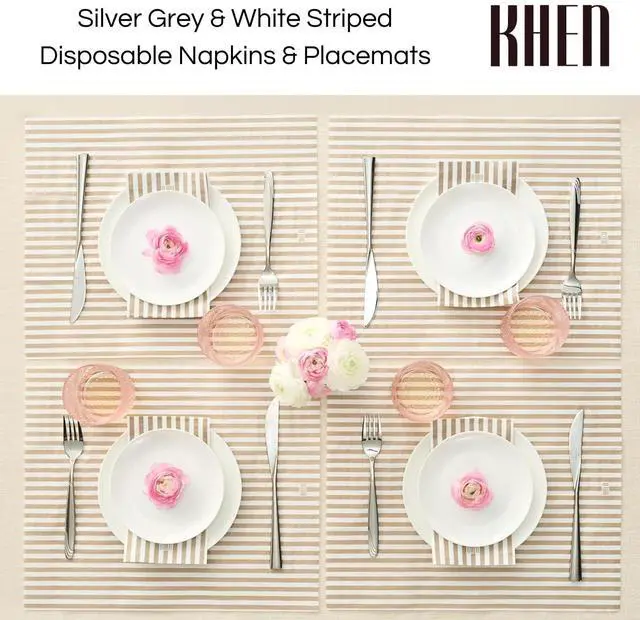 Alt view image 2 of 7 - Striped Disposable Napkins & Placemats 3-Ply Paper Tableware for Parties, BBQs, Picnics, Birthdays & Holiday Gatherings Elegant & Absorbent Dinner Napkins with Matching Placemats - Silver Gray, 50