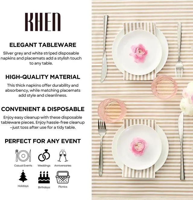 Alt view image 5 of 7 - Striped Disposable Napkins & Placemats 3-Ply Paper Tableware for Parties, BBQs, Picnics, Birthdays & Holiday Gatherings Elegant & Absorbent Dinner Napkins with Matching Placemats - Silver Gray, 50