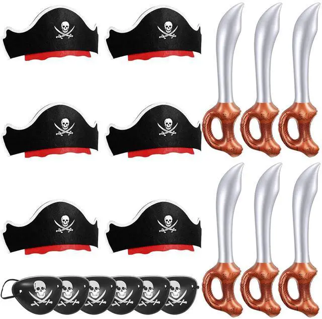 Main image of 18 Pcs Pirate Party Accessories for Kids, 6 Hats 6 Patches 6 Swords | Pirate Costume Set with Hats, Eye Patches and Inflatable Swords for Birthday Party Favors Decorations Halloween Dress up Play