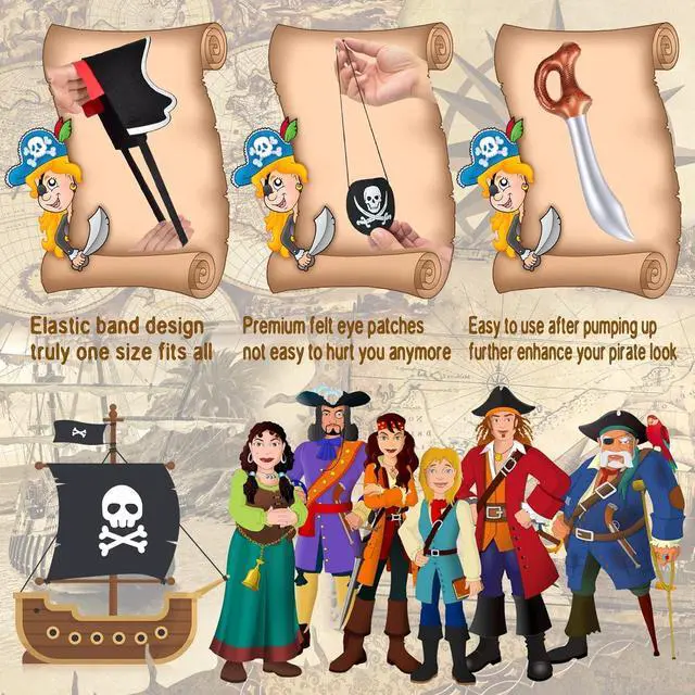 Alt view image 4 of 7 - 18 Pcs Pirate Party Accessories for Kids, 6 Hats 6 Patches 6 Swords | Pirate Costume Set with Hats, Eye Patches and Inflatable Swords for Birthday Party Favors Decorations Halloween Dress up Play