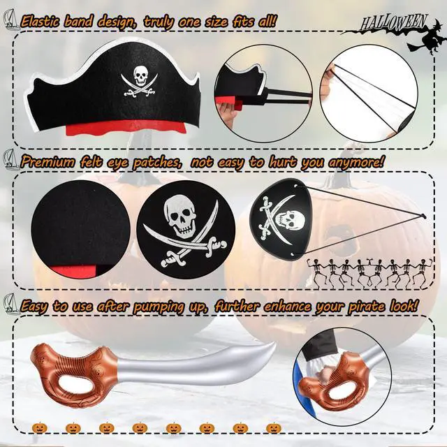 Alt view image 3 of 7 - 18 Pcs Pirate Party Accessories for Kids, 6 Hats 6 Patches 6 Swords | Pirate Costume Set with Hats, Eye Patches and Inflatable Swords for Birthday Party Favors Decorations Halloween Dress up Play