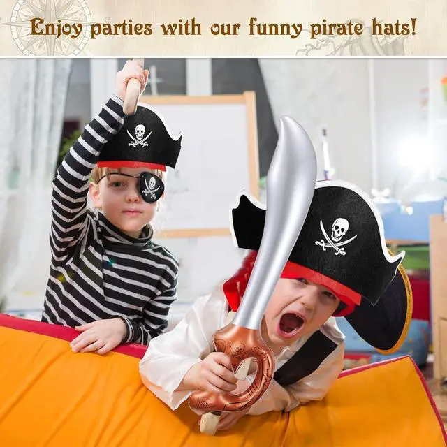 Alt view image 6 of 7 - 18 Pcs Pirate Party Accessories for Kids, 6 Hats 6 Patches 6 Swords | Pirate Costume Set with Hats, Eye Patches and Inflatable Swords for Birthday Party Favors Decorations Halloween Dress up Play