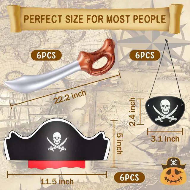 Alt view image 2 of 7 - 18 Pcs Pirate Party Accessories for Kids, 6 Hats 6 Patches 6 Swords | Pirate Costume Set with Hats, Eye Patches and Inflatable Swords for Birthday Party Favors Decorations Halloween Dress up Play