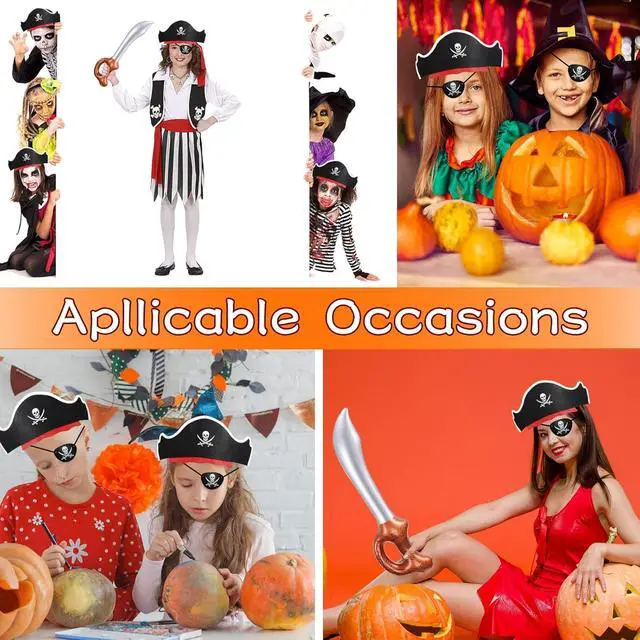 Alt view image 7 of 7 - 18 Pcs Pirate Party Accessories for Kids, 6 Hats 6 Patches 6 Swords | Pirate Costume Set with Hats, Eye Patches and Inflatable Swords for Birthday Party Favors Decorations Halloween Dress up Play