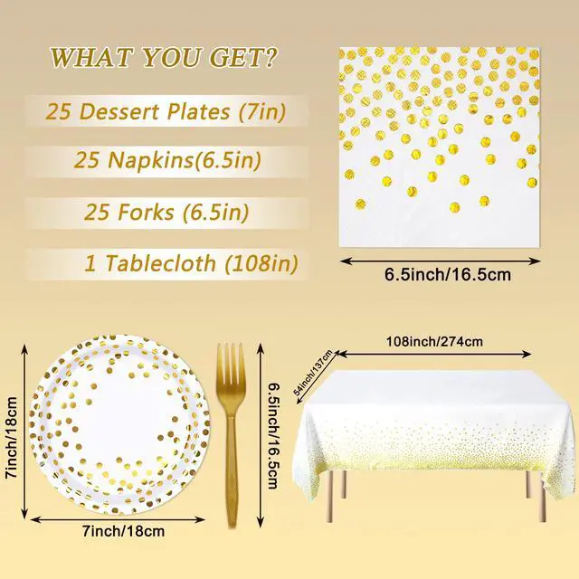 Alt view image 2 of 7 - White and Gold Paper Plates and Napkins Tablecloth Party Supplies,Serves 25 Guests White Gold Plates and Napkins Tablecloth,Set for Birthday Graduation Retirement Decorations