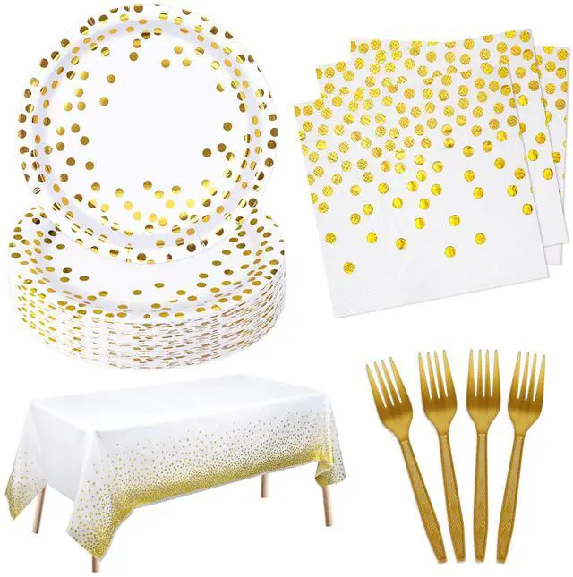 Main image of White and Gold Paper Plates and Napkins Tablecloth Party Supplies,Serves 25 Guests White Gold Plates and Napkins Tablecloth,Set for Birthday Graduation Retirement Decorations