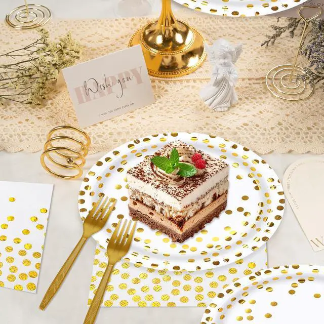 Alt view image 4 of 7 - White and Gold Paper Plates and Napkins Tablecloth Party Supplies,Serves 25 Guests White Gold Plates and Napkins Tablecloth,Set for Birthday Graduation Retirement Decorations
