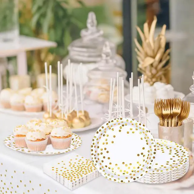 Alt view image 6 of 7 - White and Gold Paper Plates and Napkins Tablecloth Party Supplies,Serves 25 Guests White Gold Plates and Napkins Tablecloth,Set for Birthday Graduation Retirement Decorations
