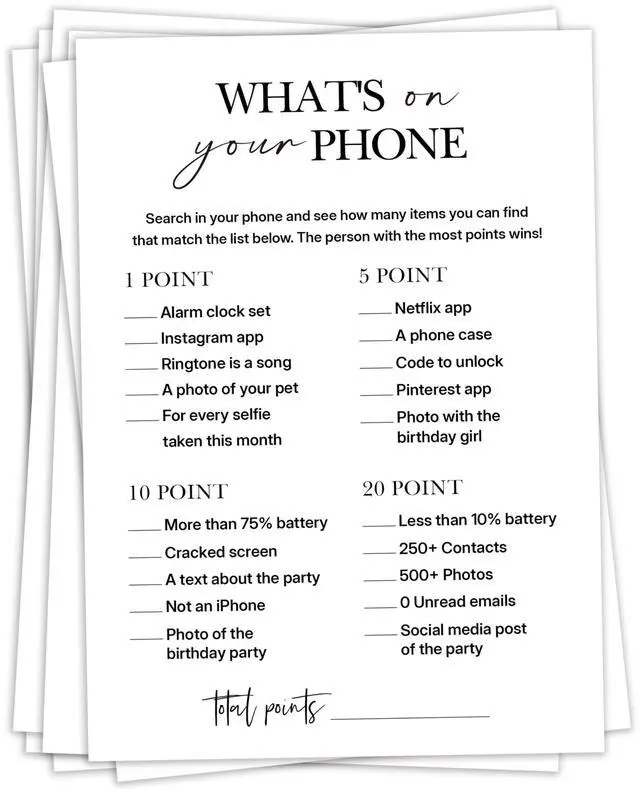 Main image of Birthday Party Game for Adults Whats on Your Phone? Paper Game Cards, 25 Icebreaker Sheets for Adult Birthday Celebrations & Social Parties - A07