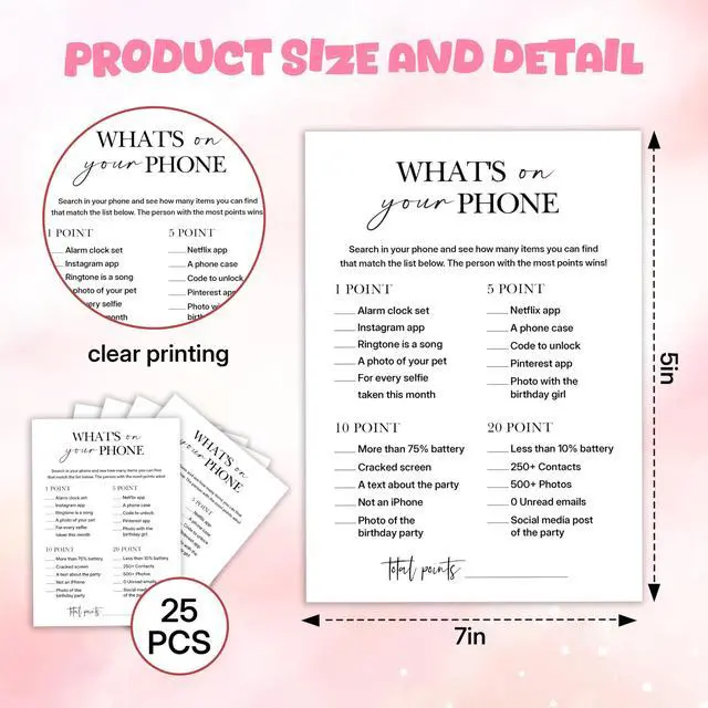 Alt view image 2 of 6 - Birthday Party Game for Adults Whats on Your Phone? Paper Game Cards, 25 Icebreaker Sheets for Adult Birthday Celebrations & Social Parties - A07