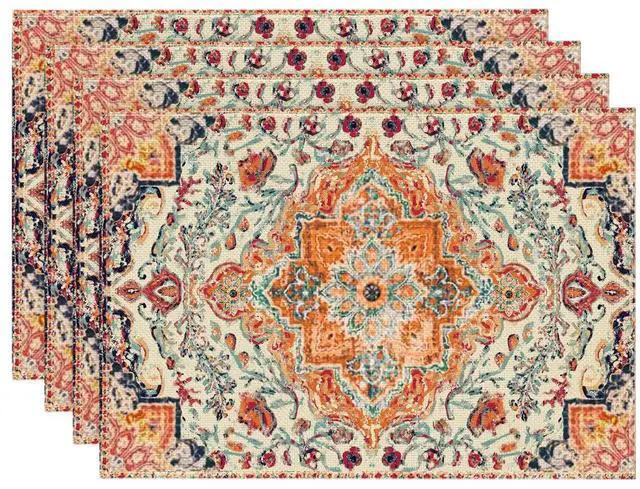 Main image of Boho Placemats Set of 4, Daily Orange Teal Flowes Bohemia Table Mats for Home Party Dining Decoration 12x18 Inch