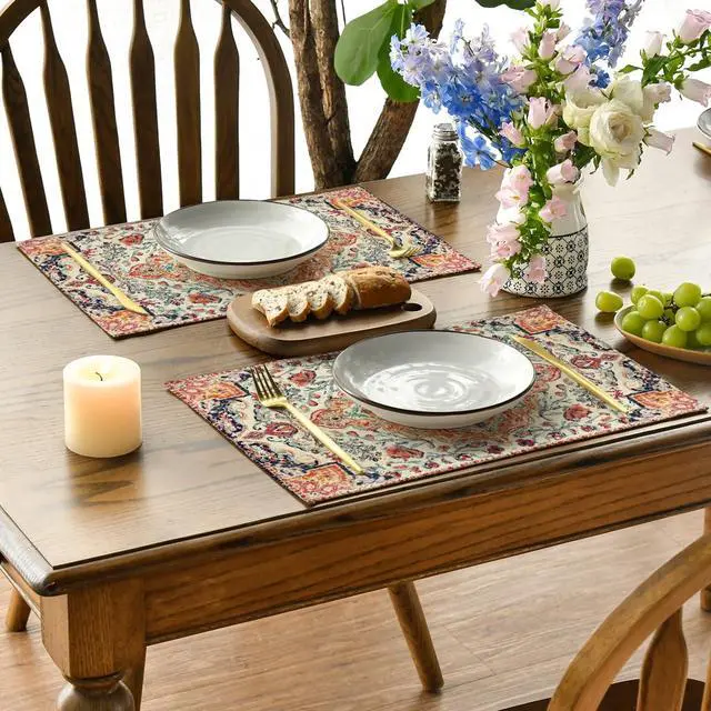 Alt view image 3 of 6 - Boho Placemats Set of 4, Daily Orange Teal Flowes Bohemia Table Mats for Home Party Dining Decoration 12x18 Inch