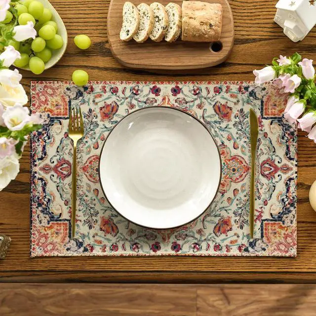 Alt view image 2 of 6 - Boho Placemats Set of 4, Daily Orange Teal Flowes Bohemia Table Mats for Home Party Dining Decoration 12x18 Inch
