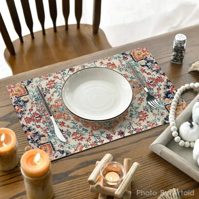 Alt view image 4 of 6 - Boho Placemats Set of 4, Daily Orange Teal Flowes Bohemia Table Mats for Home Party Dining Decoration 12x18 Inch