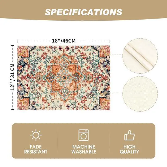 Alt view image 5 of 6 - Boho Placemats Set of 4, Daily Orange Teal Flowes Bohemia Table Mats for Home Party Dining Decoration 12x18 Inch